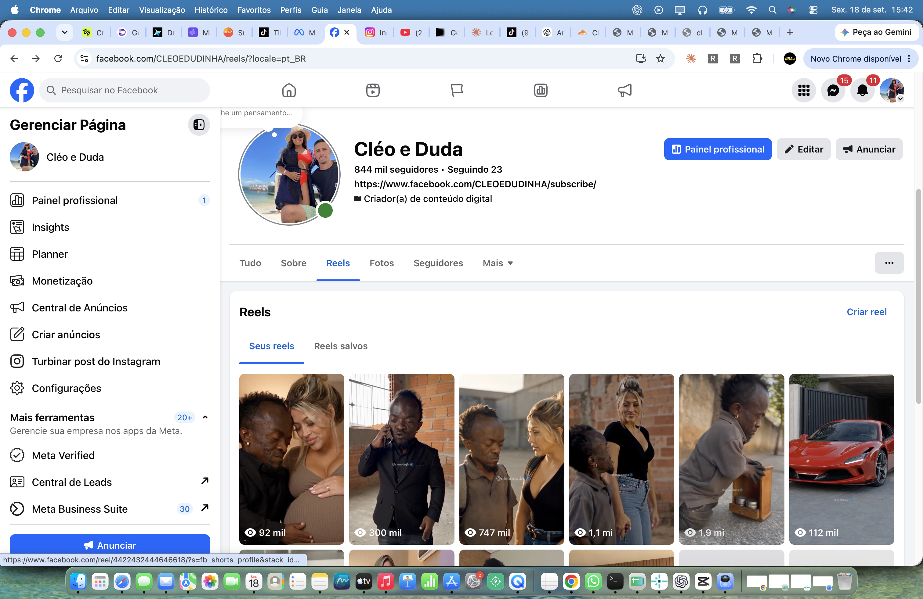 Captura da página Cléo e Duda no Facebook mostrando 844 mil seguidores e visualizações dos Reels