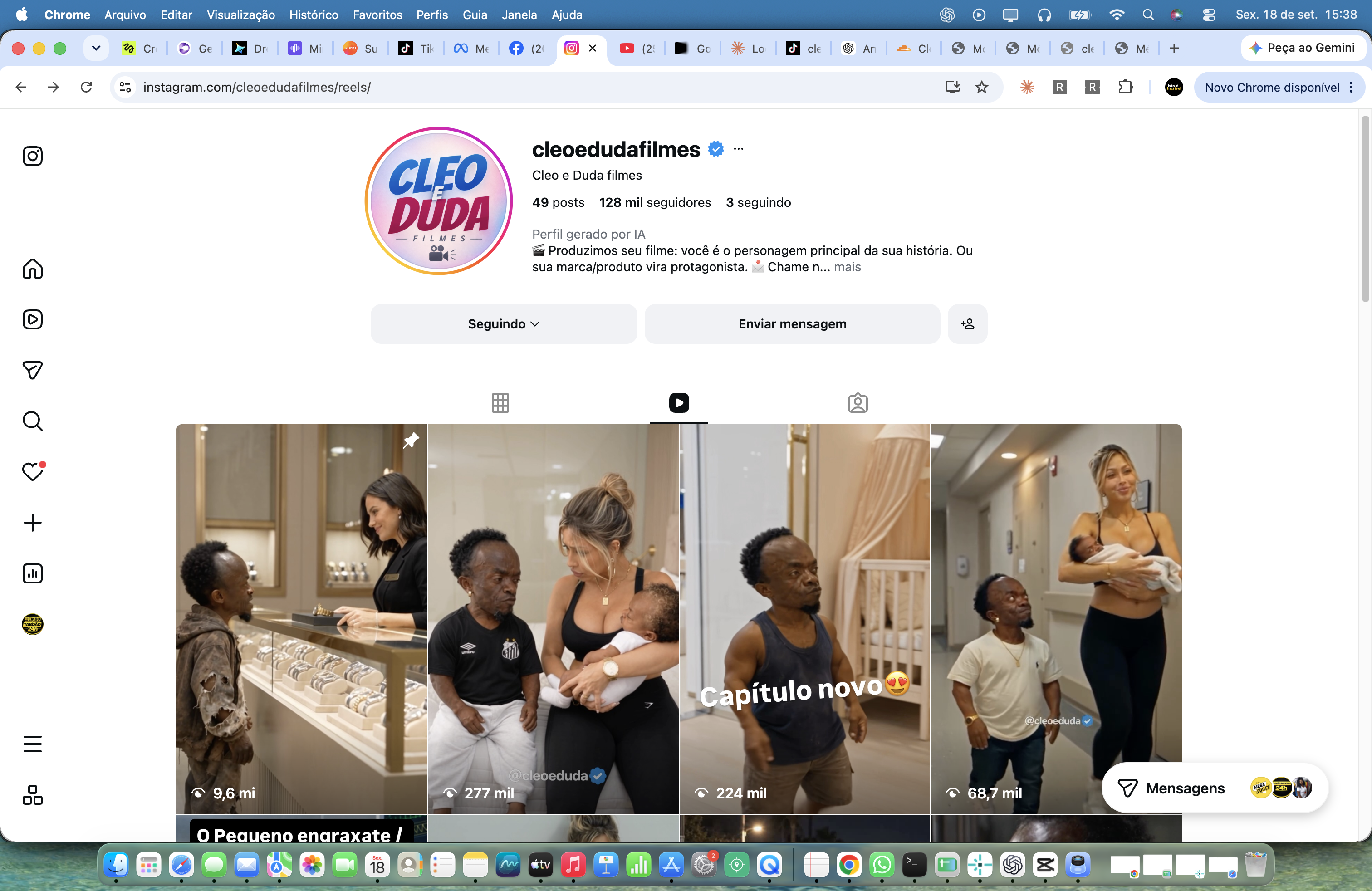 Captura do perfil verificado @cleoedudafilmes mostrando 128 mil seguidores e visualizações dos vídeos