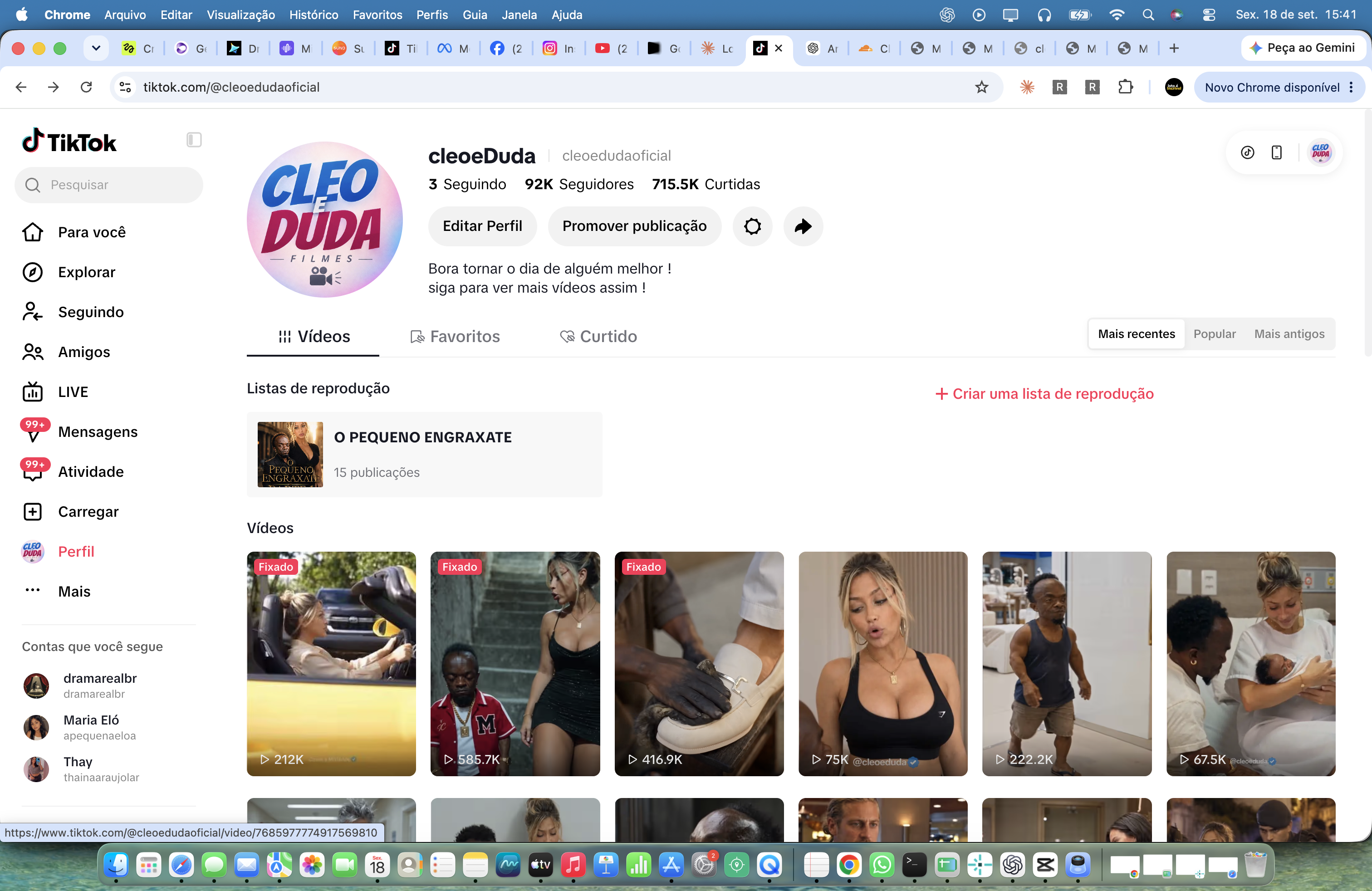 Captura do TikTok @cleoedudaoficial mostrando 92 mil seguidores, 715,5 mil curtidas e visualizações dos vídeos